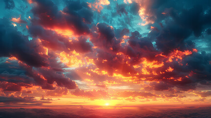 Wide panoramic view of the sunset sky with dark clouds