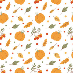 Autumn seamless pattern with pumpkin, rowan, falling leaves. Fall background