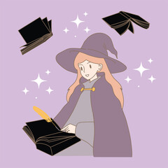 Happy witch in hat reading magic book, writing with quill pen. Flying books behind Hand drawn flat cartoon character vector illustration. 