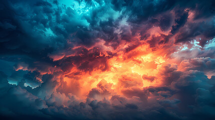 Wide panoramic view of the sunset sky with dark clouds