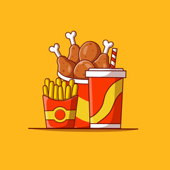 Fast food Icon with chicken bucket, French fries and soda Vector Illustration. Hamburger Fast Food Logo. Cafe and Restaurant Menu.