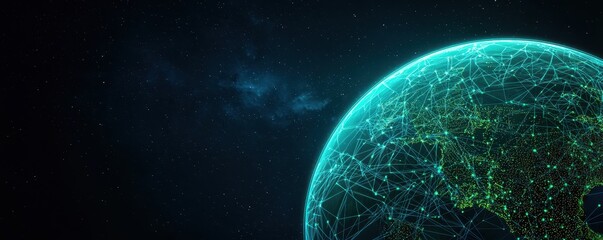 Obraz premium A digital representation of Earth interconnected by glowing networks, illustrating global connectivity and technology in space.
