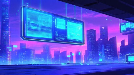 Fototapeta premium A futuristic cityscape with digital screens and a vibrant sunset backdrop.