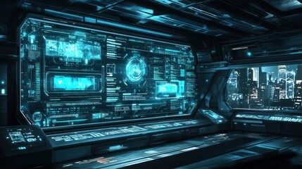 Fototapeta premium Futuristic control room with glowing interfaces and a city view.