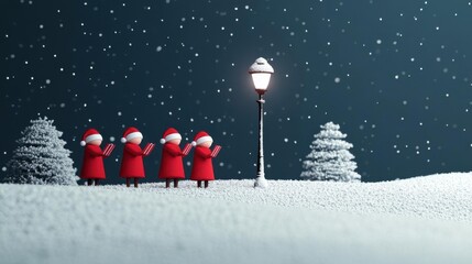 Carolers singing by a snowcovered street lamp, holiday scene, 3D illustration illustration 3D background, no blur, photo not dark, everything is clear, copy space