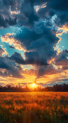 Wide panoramic view of the sunset sky with dark clouds