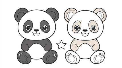 Fototapeta premium A black and white line drawing of a panda, and a colored illustration of a panda.