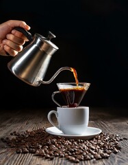 The stream of coffee tapers off as the pourer expertly eases the pot back to its original position