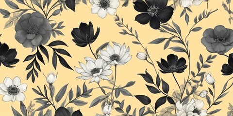 pretty black theme flowers on pastel yellow background, concept for banner, watercolor style