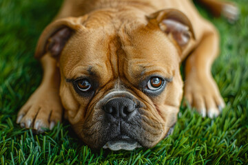 Fototapeta premium A brown dog is laying on the grass and looking at the camera