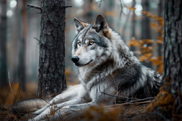 Obraz premium A wolf is laying in the woods, looking at the camera