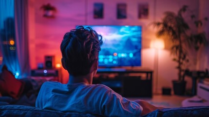 A person enjoying a cozy evening at home, watching a colorful display on a modern TV surrounded by warm ambient lights. - Powered by Adobe