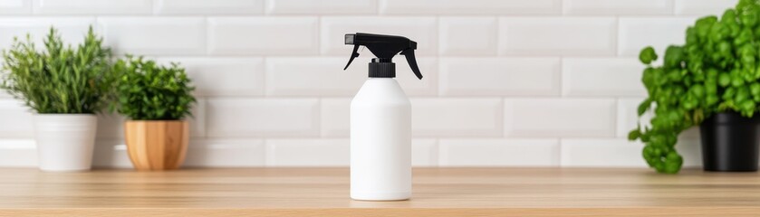 Fototapeta premium A minimalist white spray bottle on a wooden surface, surrounded by green plants and a stylish kitchen backsplash.