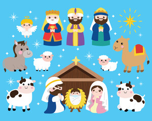 Nativity scene with cartoon baby Jesus, Mary, Joseph and the three wise men in Bethlehem clipart set