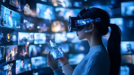 A person wearing a virtual reality headset analyzing and visualizing complex data and information on a futuristic digital display interface. The image represents the concept of intelligence.