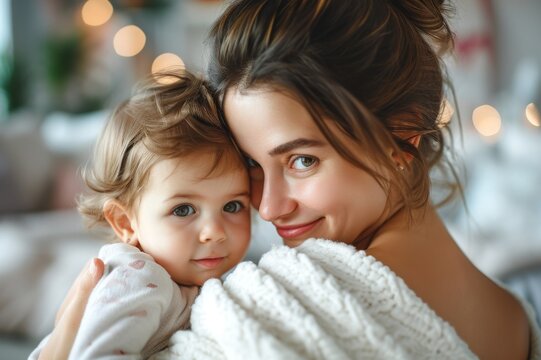 A joyful mother embraces her cute baby, sharing a moment of love in a cozy, warmly lit environment.