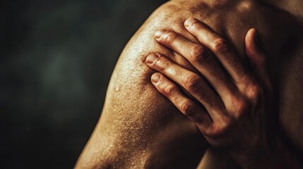 Close-up of a person gripping their shoulder, highlighting tension and discomfort in a dramatic lighting setting.