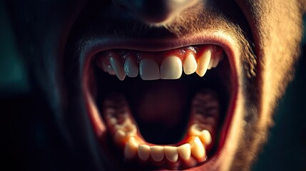Fototapeta premium A close-up of an open mouth showcasing sharp teeth, emphasizing emotion and intensity in a dramatic lighting setup.