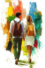 Colorful Walk: Couple Holding Hands in Urban Scene