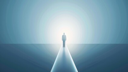 Businessman standing at the end of an elongated, straight path leading towards light at the end of the tunnel and freedom. The end afterlife, immortality and death