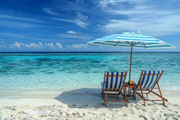 Obraz premium Chic Beach Scene with Blue and White Striped Chairs at The Maldives, Ocean View and Relaxing Atmosphere