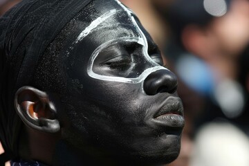 Young black man with eyes closed showing traditional african tribal body paint on his face