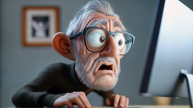 elderly man confused while typing on a computer with an open mouth and bulging eyes