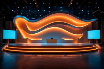 A large conference stage with a modern, sleek aesthetic. Generative AI