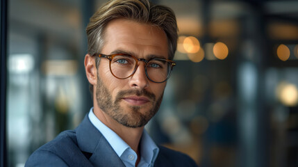 Fototapeta premium Confident businessman with glasses in a modern office setting