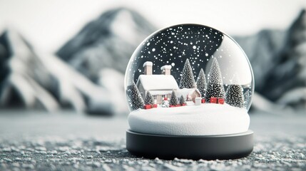 Snow globe with a Christmas scene inside, festive decorations, 3D illustration illustration 3D background, no blur, photo not dark, everything is clear, copy space