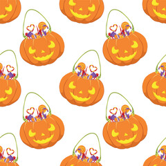 Halloween pumpkin seamless pattern. Halloween bucket full of sweets cartoon illustration. Trick or treat background. Halloween candy paper. Candy print, wallpaper vector on white background