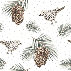 Christmas seamless pattern, birds, pine twigs, cones, snow, white background. Vector illustration. Nature design. Season greeting. Winter holidays