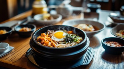 Hotteok in a warm bowl that gives off a delicious aroma with a topping of half-boiled egg that stimulates your appetite and various side dishes.