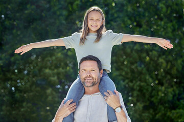 Portrait, airplane and girl with dad, outdoor and happy in nature, fresh air and relax in morning or plants. Spring, bonding and child with father, peace and kid in backyard, smile or calm in weekend