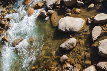 Clear water flowing over rocks alongside a serene landscape in a mountain stream during daylight...