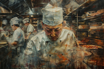 A painting of a chef in a kitchen with other chefs