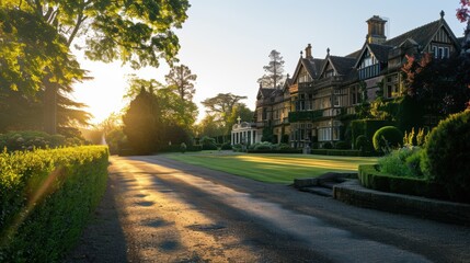 Sun rising behind a picturesque english manor house with gardens and a long driveway