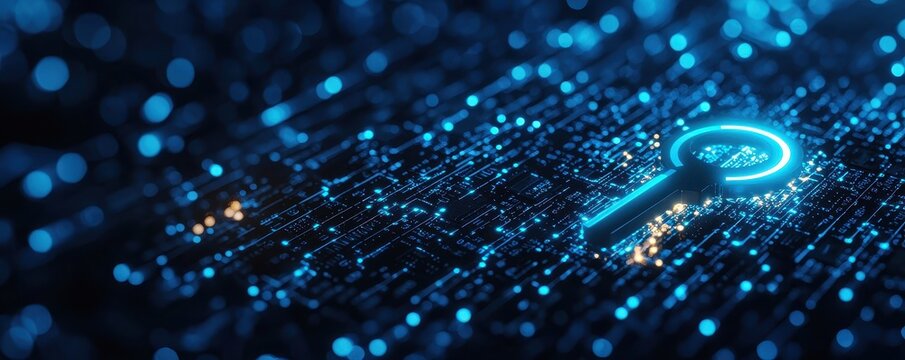 Futuristic digital background featuring a glowing key symbol amidst a network of shimmering particles and data connections.