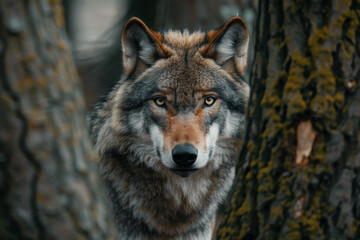 Fototapeta premium A wolf is standing in front of a tree, looking at the camera