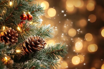Festively Decorated Outdoor Christmas tree on blurred sparkling fairy background.