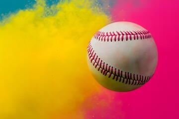 A yellow softball is flying through the air with pink and blue smoke trailing it. The scene is colorful and lively, with the ball representing a moment of excitement and energy