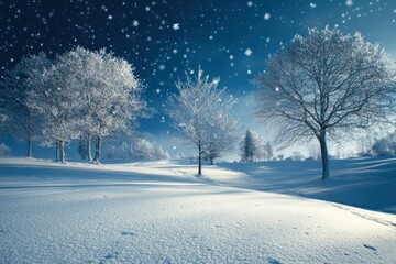 Snow-Covered Trees and a Starry Sky in a Winter Wonderland