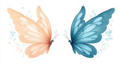 Obraz premium Colorful butterflies in pastel shades of orange and blue, beautifully symmetrical, perfect for nature or art-themed projects.