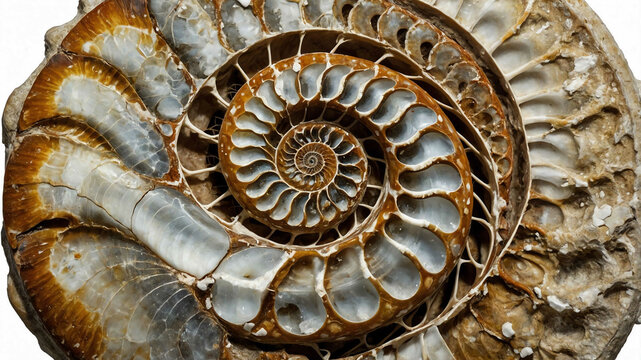 Ammonite fossil with plain white background
