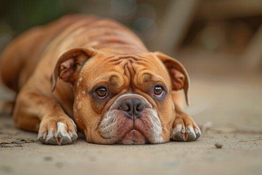 A brown dog is laying on the ground with its head down