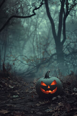 close up vertical image of a carved halloween pumpkin lantern glowing in a dark creepy forest