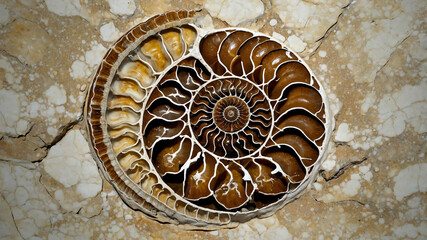 Fossilized ammonite with plain background