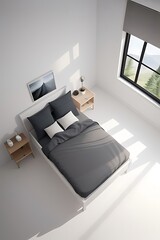 Fototapeta premium Top-down view 3D render of a cozy guest room with soft beige tones and white accents on a white background