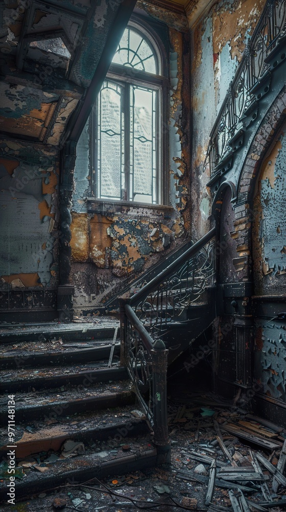 Canvas Prints Abandoned Building Interior with Crumbling Staircase and Window