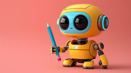 A robot is holding a pencil and standing on a red background
